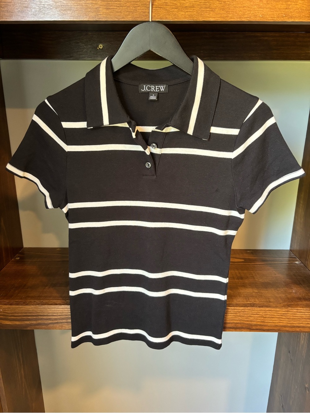 J. Crew Black and White Striped Polo Tee